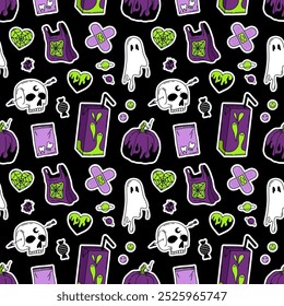 Seamless Halloween pattern in green, violet, black colors. Print in Y2K style. Trick or treat. Happy Halloween vector Hand Drawn background with skull, ghosts, heart, juicy, pumpkin