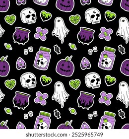 Seamless Halloween pattern in green, violet, black colors. Happy Halloween Hand Drawn vector background with skull, ghost, heart, pumpkin, cauldron. Trick or treat. Print in Y2K style