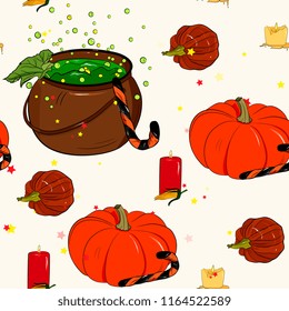 seamless halloween pattern . Hand drawn Halloween traditional symbols .  pumpkin, magic potion pot. candles,sweet cane. Isolated vector. Bright color background for cards, paper wrapper