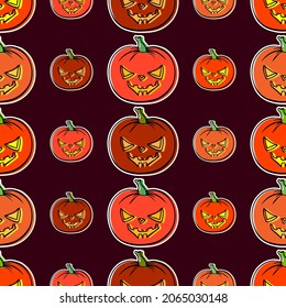 Seamless Halloween pattern. Hand drawn orange pumpkins on red background. Happy holiday cute cartoon character. Greeting card, banner, party invitation design. Vector illustration 