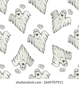 Sem emenda halloween padrão com desenho à mão vintage esboço de fantasma assustador na cor cinza. Perfeito para design de férias, têxtil, papel de embalagem e decoração.