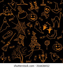 Seamless Halloween pattern with hand drawn doodle elements. Vector background