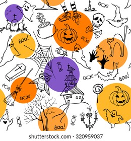 Seamless Halloween pattern with hand drawn doodle elements. Vector background