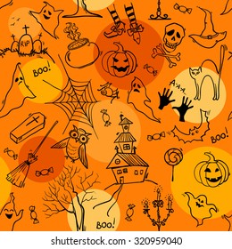 Seamless Halloween pattern with hand drawn doodle elements. Vector background