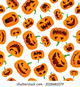 Seamless Halloween pattern with happy jack lantern orange carved glowing scary pumpkins on white background. Holiday vector eps celebration design illustration
