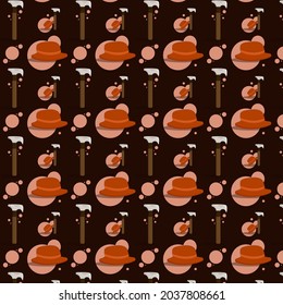 seamless halloween pattern of hat and hatchet with circles on dark background