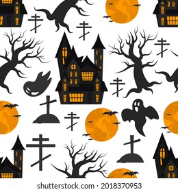 Nahtloses Halloween-Muster mit Feiertagssymbolen. Vektorflache Illustration. Tapeten, Textilien, Banner-Design. Helle Zeichentrickvorlage zu Halloween 