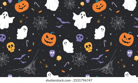 Padrão de Halloween perfeito. Plano de fundo horizontal com fantasmas assustadores, abóboras, aranhas. Ilustração de vetor