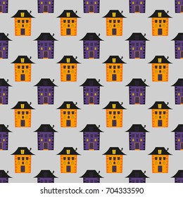 Seamless halloween pattern with horror castles,  endless texture. Vector background can be used for wallpaper, fills, web page,surface, scrapbook,  holiday card, invitation and party design.