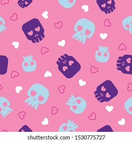 Seamless halloween pattern. Human skeletons. Different skulls. Sugar skulls. Death´s heads and hearts on pink background. Vector illustration.