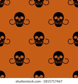 Patrón de Halloween sin foco con calaveras humanas con bigote de serpiente.