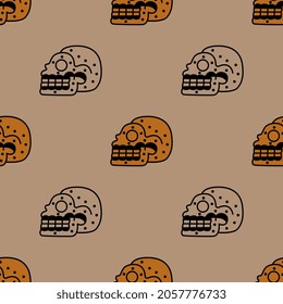 Seamless Halloween pattern with human skulls. Native American Mexican ethnic motif.