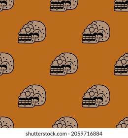 Seamless Halloween pattern with human skulls. Native American Mexican ethnic motif.