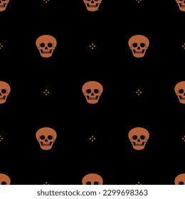 Seamless Halloween pattern with human skulls. Orange silhouettes on black background.