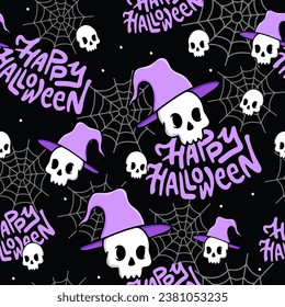 Seamless halloween pattern of human skulls, spider web and lettering. Vector background texture for printing on fabric and paper.Scary event decoration