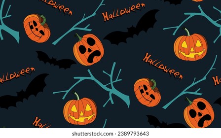 Seamless Halloween pattern, illustration Halloween party, bat and pumpkin, Vector cartoon pattern