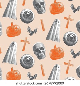 Patrón de halloween sin fisuras, Vector de ilustración de halloween, estilo vintage de dibujo de líneas.