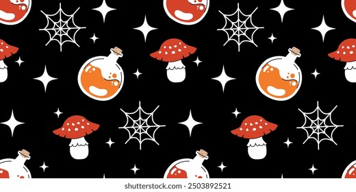 Seamless Halloween pattern with images of mushrooms, cobwebs and potions. Flat vector illustration.