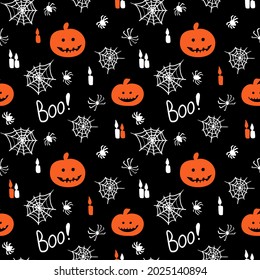 Seamless Halloween pattern with jack lantern pumpkins, candles, spiders and cobwebs. Vector illustration on a black background.