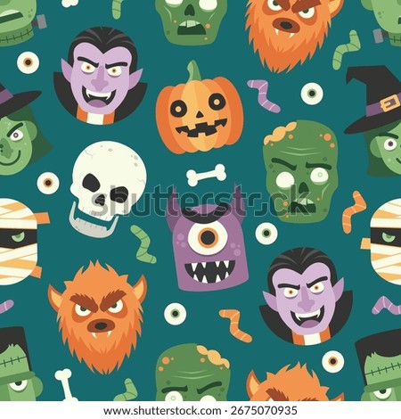 Seamless halloween pattern with jack o lantern, skull, dracula, wicth, frankenstein, monster, werewolf, zombie, and mummy. Perfect for halloween background, decor, wrapping, and design projects.
