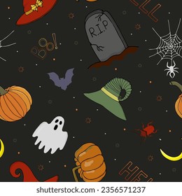 Seamless halloween pattern for kids. Vector spooky black background with textured spiders, pumpkins, ghosts, bugs. Funny creepy pattern for textile and fabric, wallpaper, photo zone, banner, web