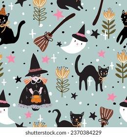 Seamless Halloween pattern with little girl holding a pumpkin, black cat, tulips, witch's broom, pink, black stars, little ghost with hat and white and black dots on green background.