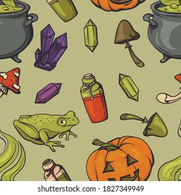 Seamless halloween pattern with magic paraphernalia