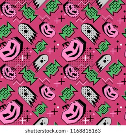 Seamless halloween pattern with memphis geometric pumpkins and candy. Vector illustration for print and baby fashion.