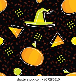 Seamless Halloween pattern in Memphis style with pumpkins, candy corns and witch hat. Retro vector background with geometric ornaments in the style of 80s-90s. 

