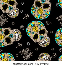 Seamless Halloween pattern with mexican skull. Trick or Treat.