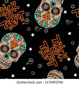 Seamless Halloween pattern with mexican skull. Trick or Treat.