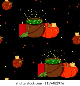 seamless halloween pattern on black background.Hand drawn Halloween traditional symbols .  pumpkin, magic potion pot. candles. Isolated vector. Bright color background for cards, paper wrapper 