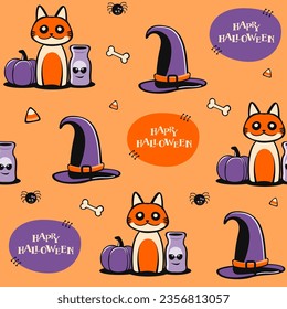 Seamless Halloween pattern on orange background. Vector illustration of a Halloween party. Cat, pumpkins, candy, spider, bones, magic potion bottle, magic hat.