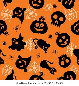 Seamless Halloween pattern on a orange background. Vector illustration.
