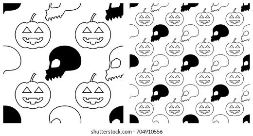 Seamless of Halloween pattern on transparent background. Single pattern is shown in the left. The example of assembly seamless is shown in the right.  