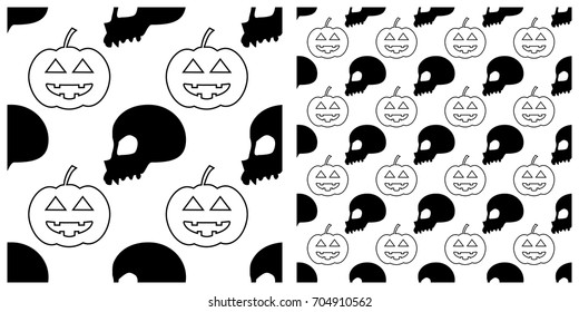 Seamless of Halloween pattern on transparent background. Single pattern is shown in the left. The example of assembly seamless is shown in the right.  