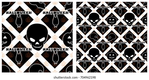 Seamless of Halloween pattern on transparent background. Single pattern is shown in the left. The example of assembly seamless is shown in the right.  