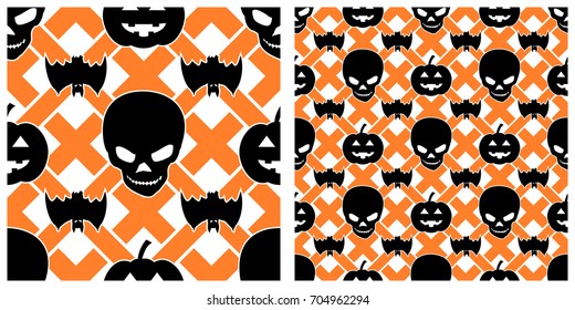 Seamless of Halloween pattern on transparent background. Single pattern is shown in the left. The example of assembly seamless is shown in the right.  