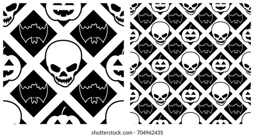 Seamless of Halloween pattern on transparent background. Single pattern is shown in the left. The example of assembly seamless is shown in the right.  