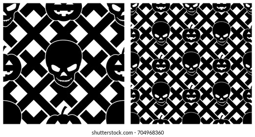 Seamless of Halloween pattern on transparent background. Single pattern is shown in the left. The example of assembly seamless is shown in the right.  
