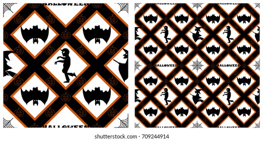 Seamless of Halloween pattern on transparent background. Single pattern is shown in the left. The example of assembly seamless is shown in the right.  