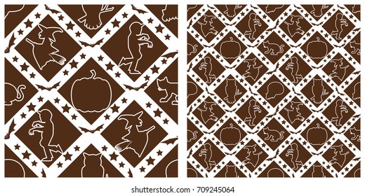 Seamless of Halloween pattern on transparent background. Single pattern is shown in the left. The example of assembly seamless is shown in the right.  