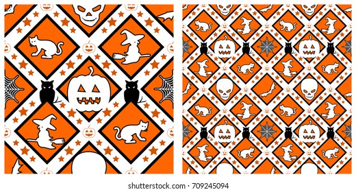 Seamless of Halloween pattern on transparent background. Single pattern is shown in the left. The example of assembly seamless is shown in the right.  