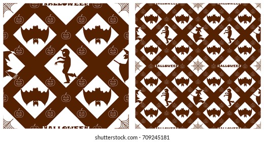 Seamless of Halloween pattern on transparent background. Single pattern is shown in the left. The example of assembly seamless is shown in the right.  