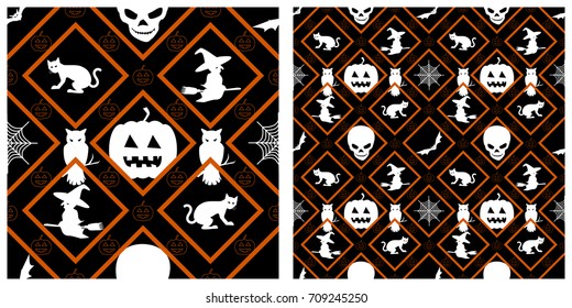 Seamless of Halloween pattern on transparent background. Single pattern is shown in the left. The example of assembly seamless is shown in the right.  