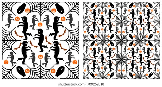 Seamless of Halloween pattern on transparent background. Single pattern is shown in the left. The example of assembly seamless is shown in the right.  