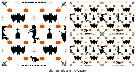 Seamless of Halloween pattern on transparent background. Single pattern is shown in the left. The example of assembly seamless is shown in the right.  