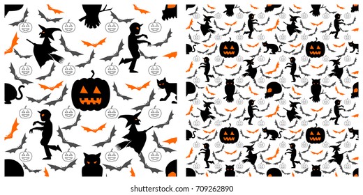 Seamless of Halloween pattern on transparent background. Single pattern is shown in the left. The example of assembly seamless is shown in the right.  