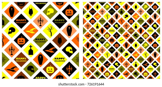 Seamless of Halloween pattern on transparent background. Single pattern is shown in the left. The example of assembly seamless is shown in the right.  