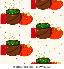 seamless halloween pattern on white background.Hand drawn Halloween traditional symbols .  pumpkin, magic potion pot. candles. Isolated vector. Bright color background for cards, paper wrapper 